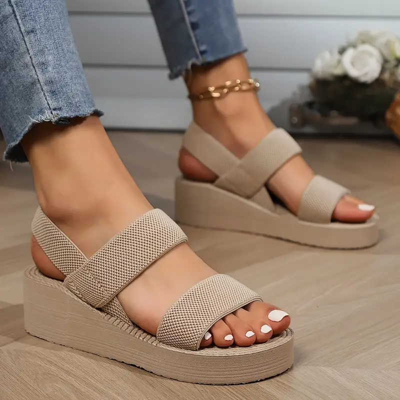 womens solid color wedge heeled sandals casual open toe platform shoes comfortable ankle strap sandals details 4