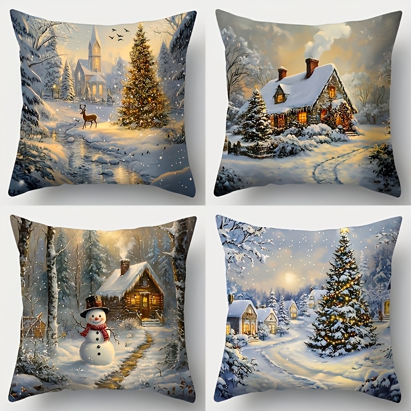 TEMU 4pcs Christmas Throw Pillow Covers, Double-sided Print Christmas Tree Snowman Decor Cushion Cases, 16/18/20 Inch Sofa Pillow Cover Set, Decor,