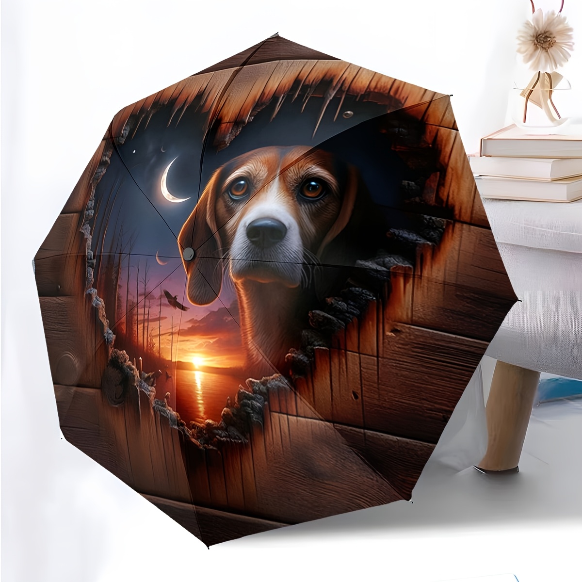 item picture 2d flat 1pc pack automatic folding umbrella featuring a beagle dog peeking through a heart shaped cutout with a sunset and   background portable foldable design casual outdoor accessory suitable for   christmas birthday