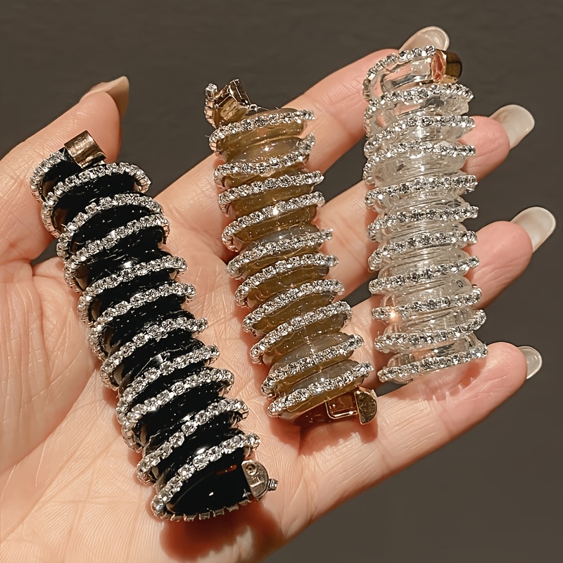 TEMU 3pcs Set Of Women's Spiral Hair Ties, High Elastic And Durable Ponytail Bands, With Shiny Rhinestones On Spiral Phone Cord Design, Suitable For