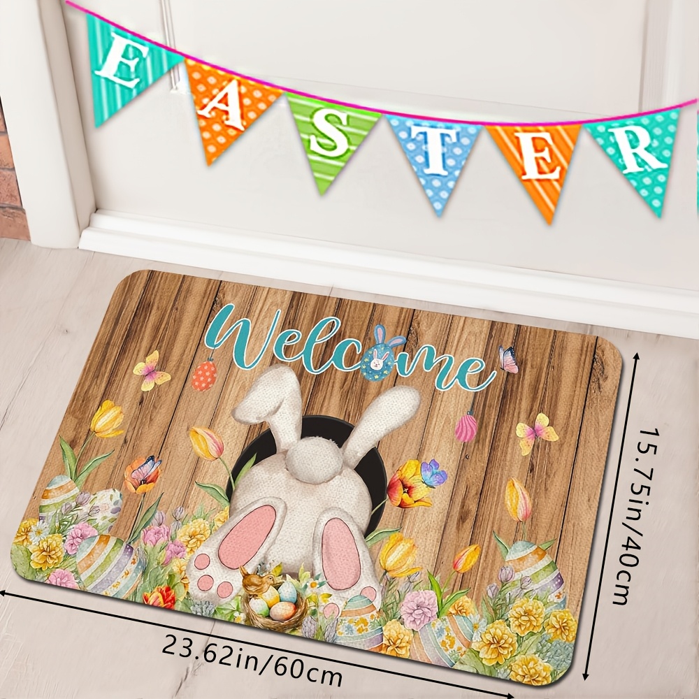 TEMU 1pc Creative Easter Wooden Color Rabbit And Flower Sponge Printed Floor Mat For Doorway, Household Soft Washable Floor Mat, Festival Decoration