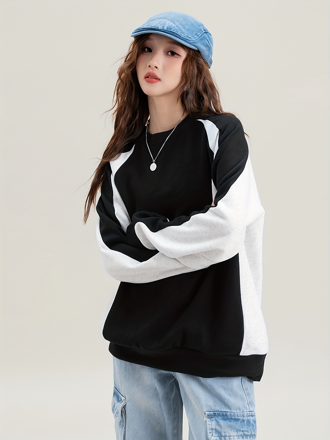 women's color block raglan round neck sweatshirt japanese Temu