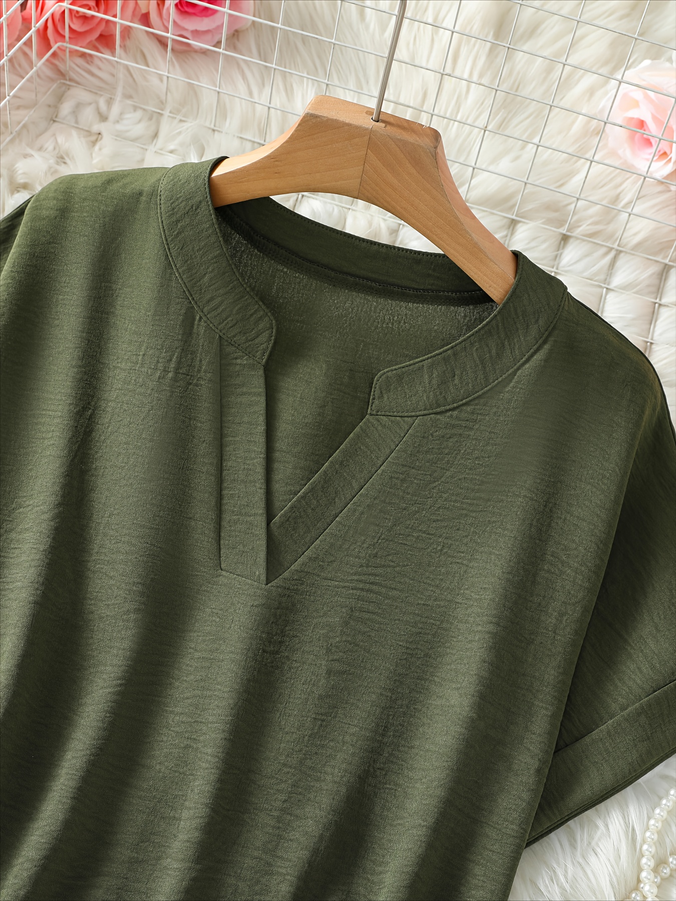 womens v neck drop shoulder sleeve solid color loose short sleeve shirt details 18