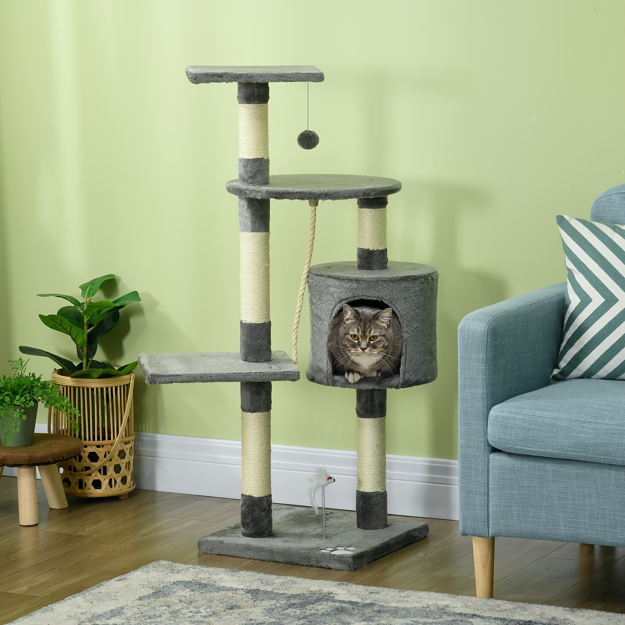 TEMU Arbre à Gratter PawHut de 46" - Tour Multiniveaux pour Grands Chats avec Condo, Jouets & Bois Plané Durable - Confortable en Beige & Gris