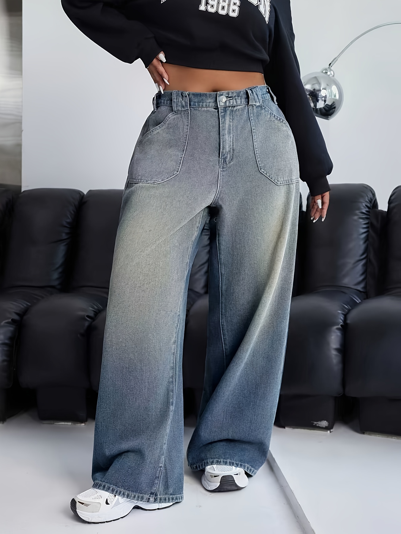 Women s Plus Size Oversized Light-Wash Blue Distressed Denim   - Elegant Wide-Leg Tapered Fit with Belt Loop & Zipper Closure,   Casual to Formal Wear, Machine Washable Statement Pants, High Waisted Jeans for Women Plus Size, Jeans Women Plus Size Low Waist, Plus Size Wide Leg Jeans for Women, Bell Bottom Jeans for Women, High Waisted Stretch Jeans Plus Size