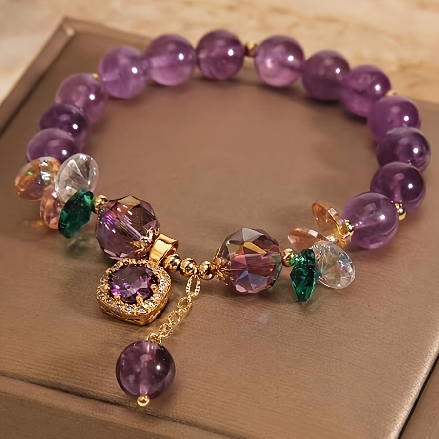 TEMU 1pc Elegant Retro Amethyst Bead Bracelet With Golden- Zirconia Pendant - Bohemian Style, Ideal For Parties Or Gifts, Women's Fashion Accessory