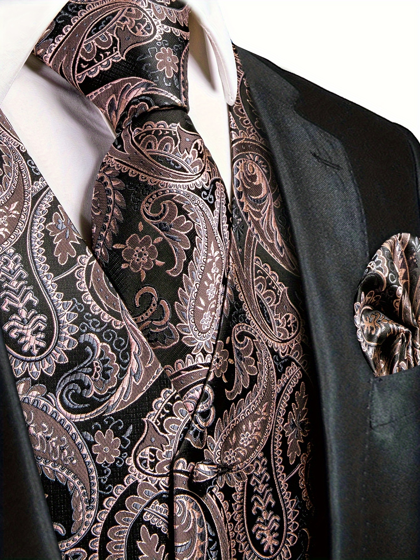 Men's Paisley Graphic Print V Neck Waistcoat & Necktie & Handkerchief & Cufflinks 4-piece Set For Party/wedding/formal Prom