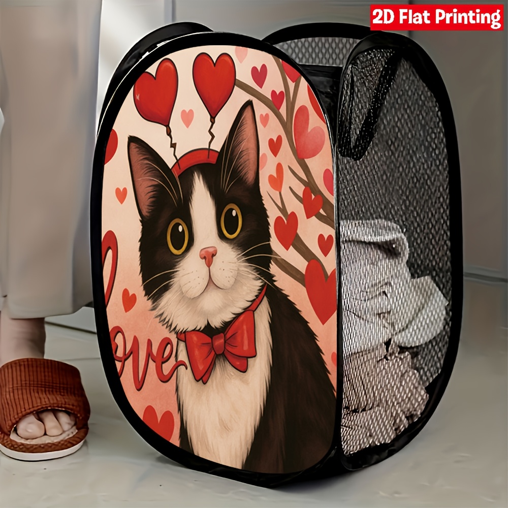 TEMU 【】赤いハートが特徴的な白黒猫デザインのバッグ型洗濯ハンター。省スペースで収納も簡単なメッシュタイプ。寝室、浴室、リビングに最適。