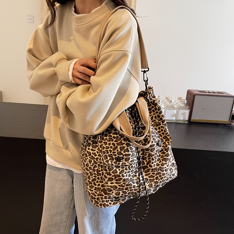 

Chic Leopard Print Canvas Tote Bag With Adjustable Strap And Multiple Pockets - , Drawstring Closure