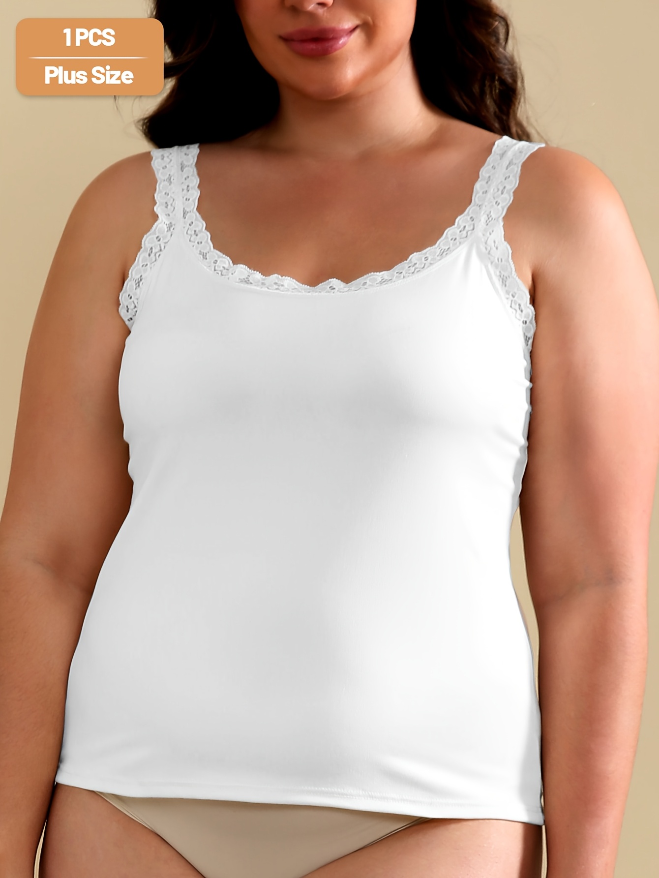 plus size womens solid color camisole lace splicing straps sleeveless   breathable lightweight casual wear essential vest suitable for everyday wear white 0