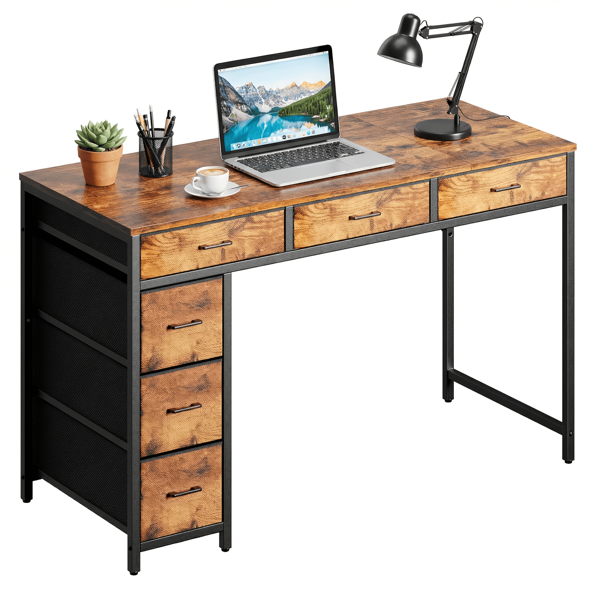 Image of 47.24in Computer Desk With 6 Drawers, Modern Home Office Desk With Storage, White Writing Desk Study Table For Bedroom, Living Room, Small Space