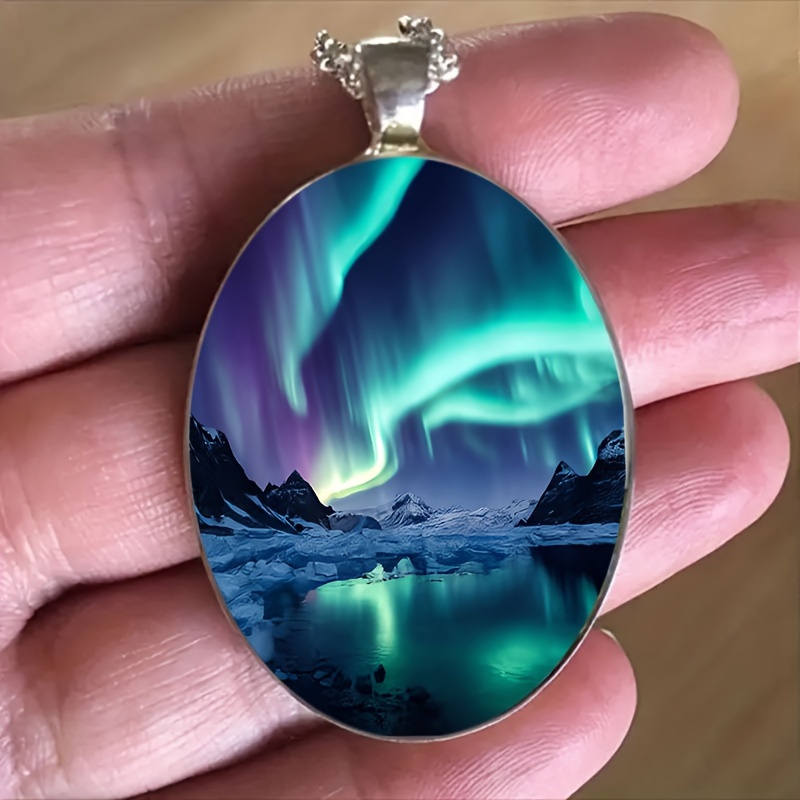 TEMU 1pc Fashion Elegant Aurora Landscape Pattern Oval Alloy Glass Pendant Chain Necklace