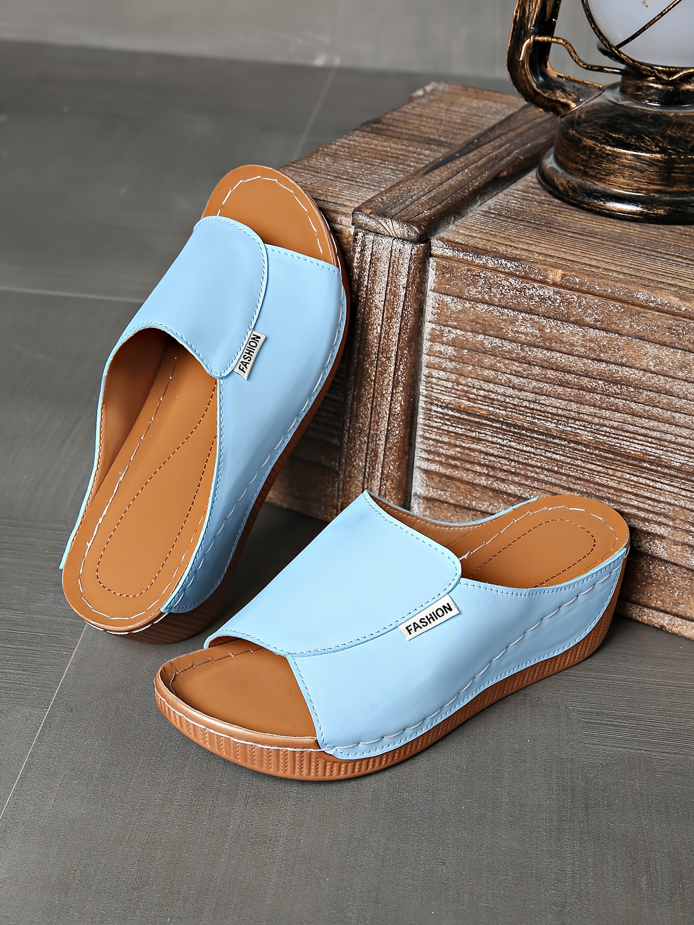   womens light blue slide sandals comfortable arch support breathable open toe design with soft rubber sole casual   heel slip on shoes for casual attire   cover upper Product details 38