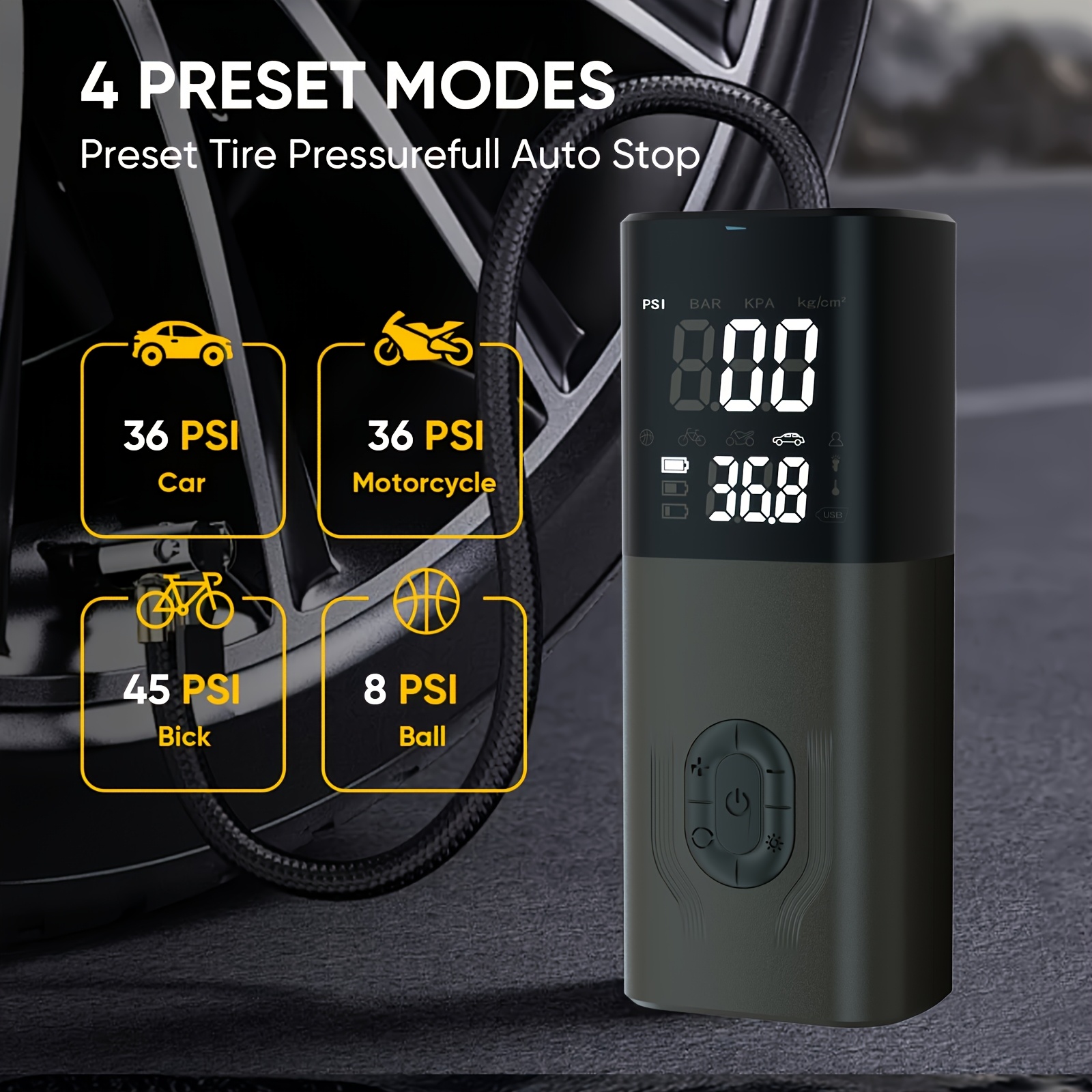 150 PSI Cordless Tire Inflator with 4000mAh Battery for tire pressure service detail image 3