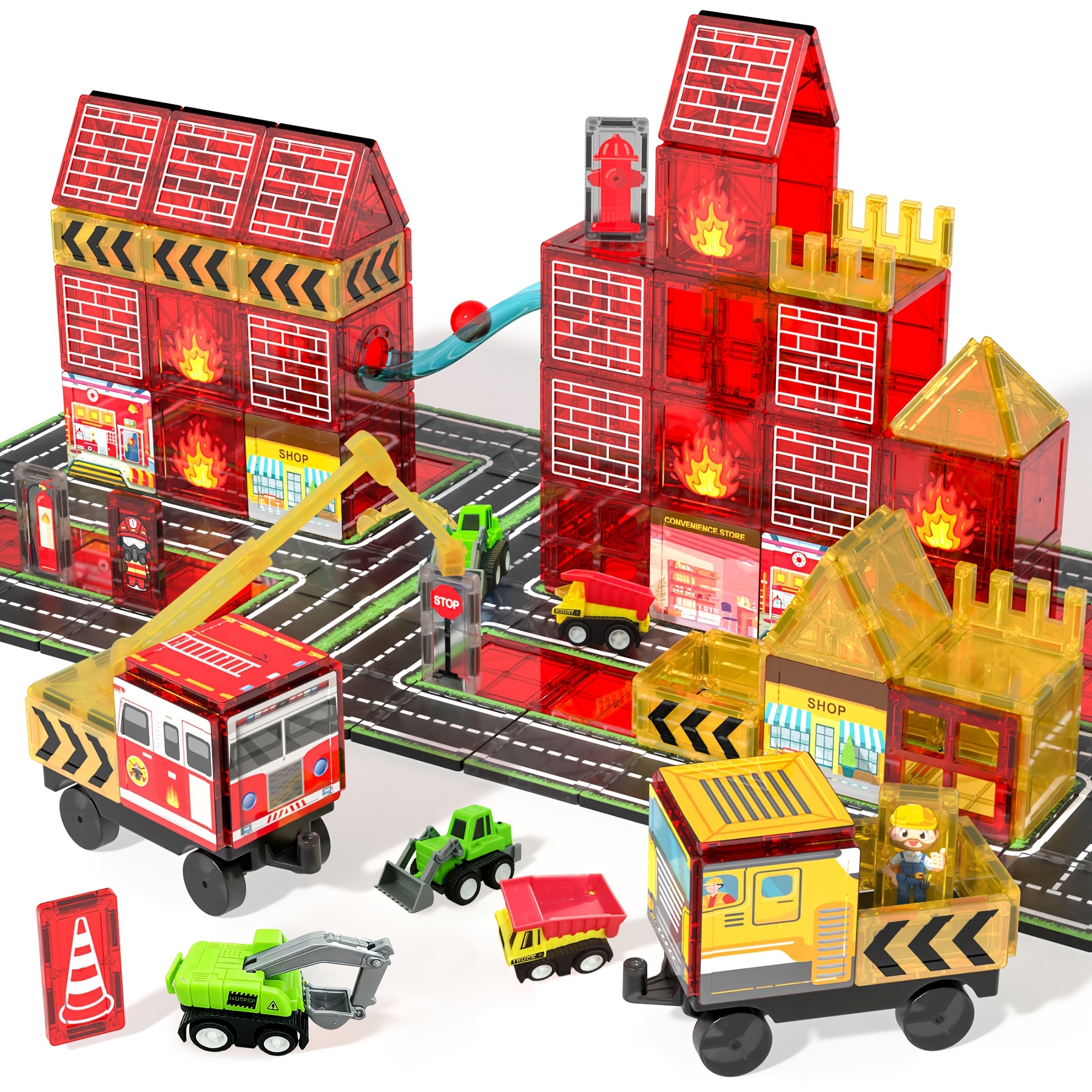 TEMU Children's Magnetic Tile Toys, Featuring A Fire Truck And , Buildings, , And Car Toys., Educational Toys, Transportation Toys, Young