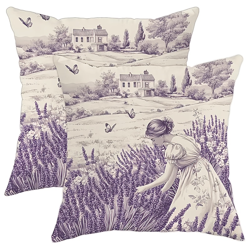 TEMU Dokriy, 2pcs, Linen French Country Vintage Throw Pillowcase With Purple With Girl Picking Flowers And Butterflies, Comfortable For Living Room,