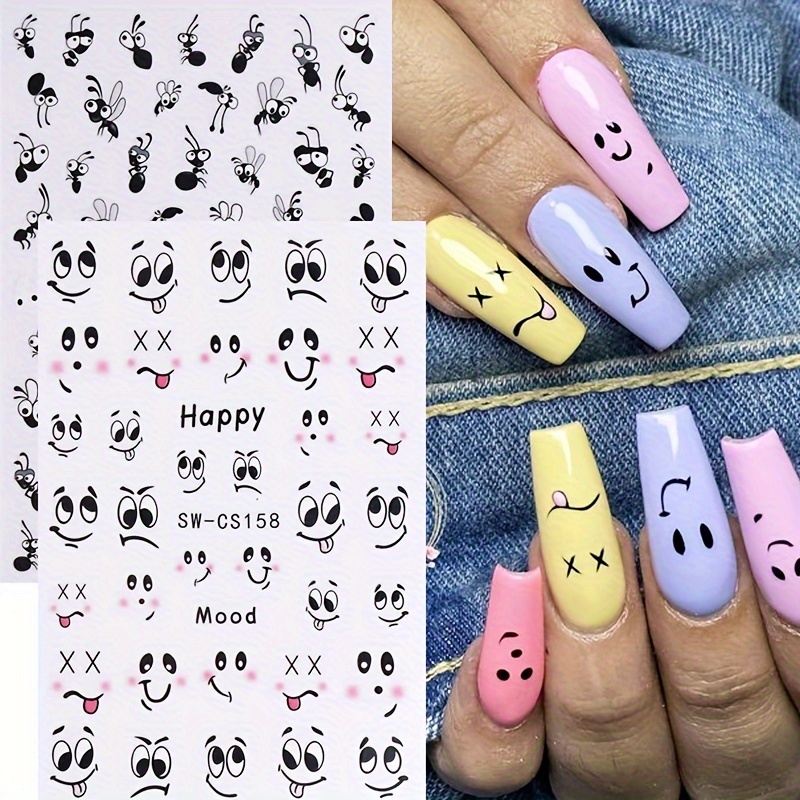 

2pcs Nail Art Stickers - Cute Cartoon Ants, Mosquitoes & Faces, Self-adhesive Diy Decals For Fun , , Single-use, Diy Nail Art| Nail Stickers|singleuse Stickers, Nail Stickers For Nail Art