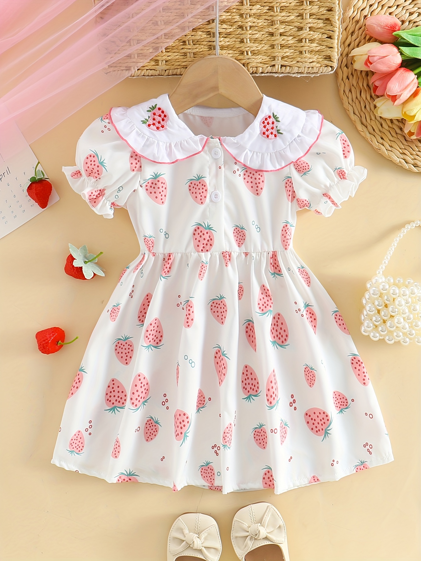 strapless open back dress Puff Sleeves Pink Strawberry Dress, 7