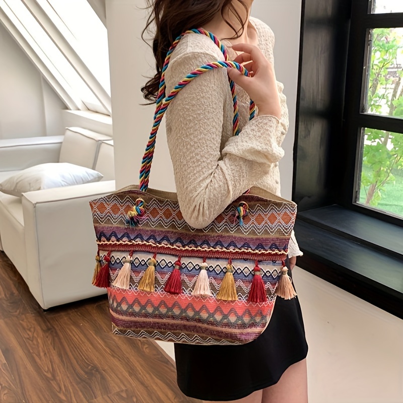 

Bohemian Canvas Tote Bag, Large Capacity Vintage Style Shoulder Bag, Colorful Handbag With Tassels, Shopping Bag, Beach Bag