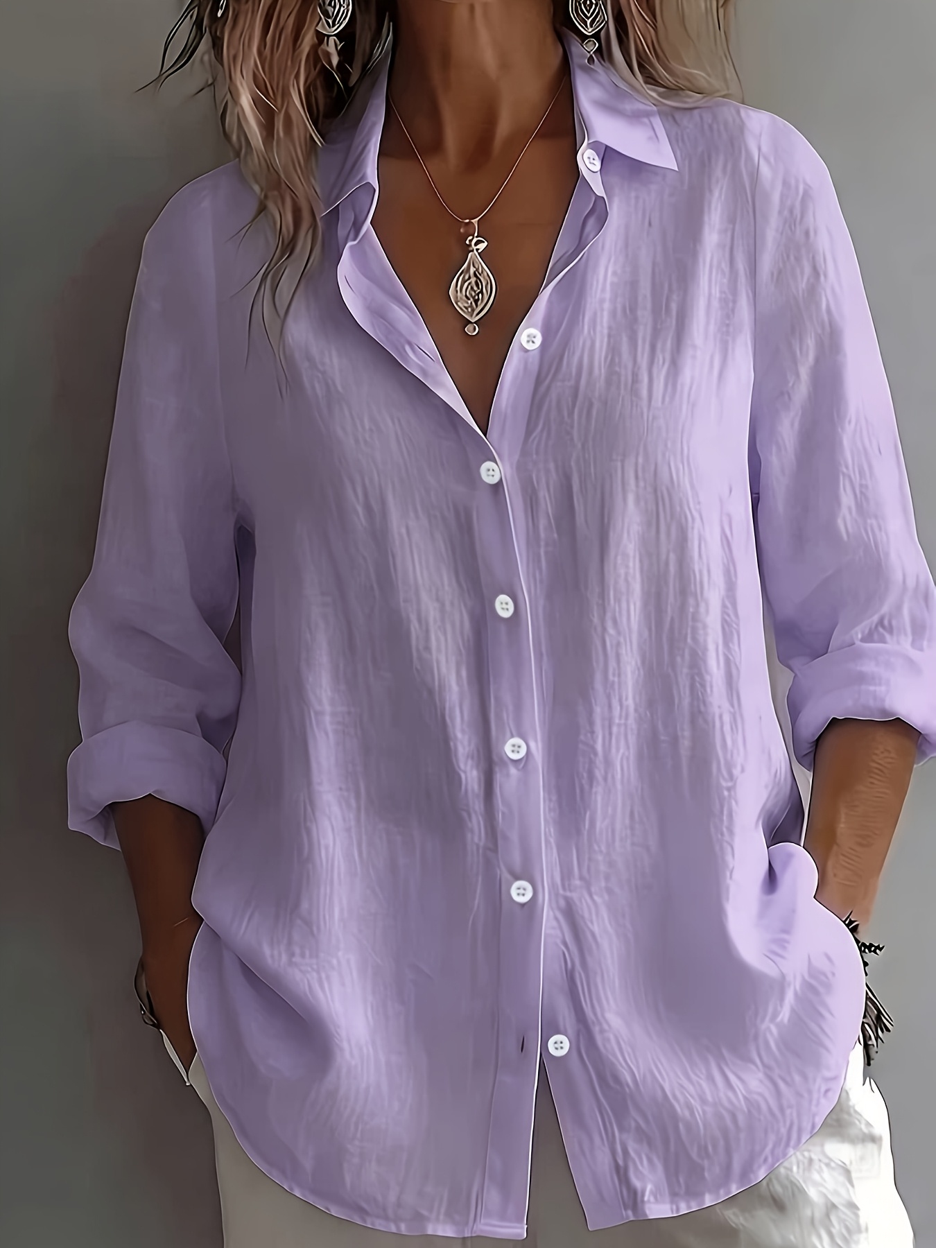 Women's Elegant Vacation Style V-Neck Top, Loose and Relaxed Linen Textured Shirt, Commuting, Casual, and Artistic Style, and Figure-Flattering for Daily Wear, Loose and Draping, Breathable, Comfortable, and Relaxed Style Shirt
