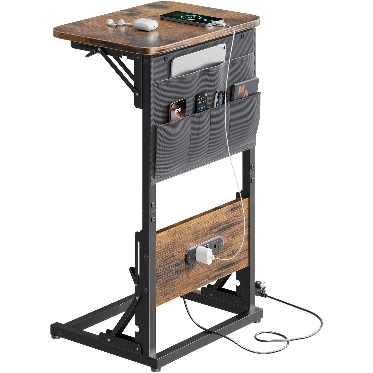 E-shop C-förmiger Beistelltisch mit Ladestation - Kompakter Sofabeistelltisch, 3-stufig höhenverstellbar (66-72cm/25.9-28.3in) Faltbarer Beistelltisch