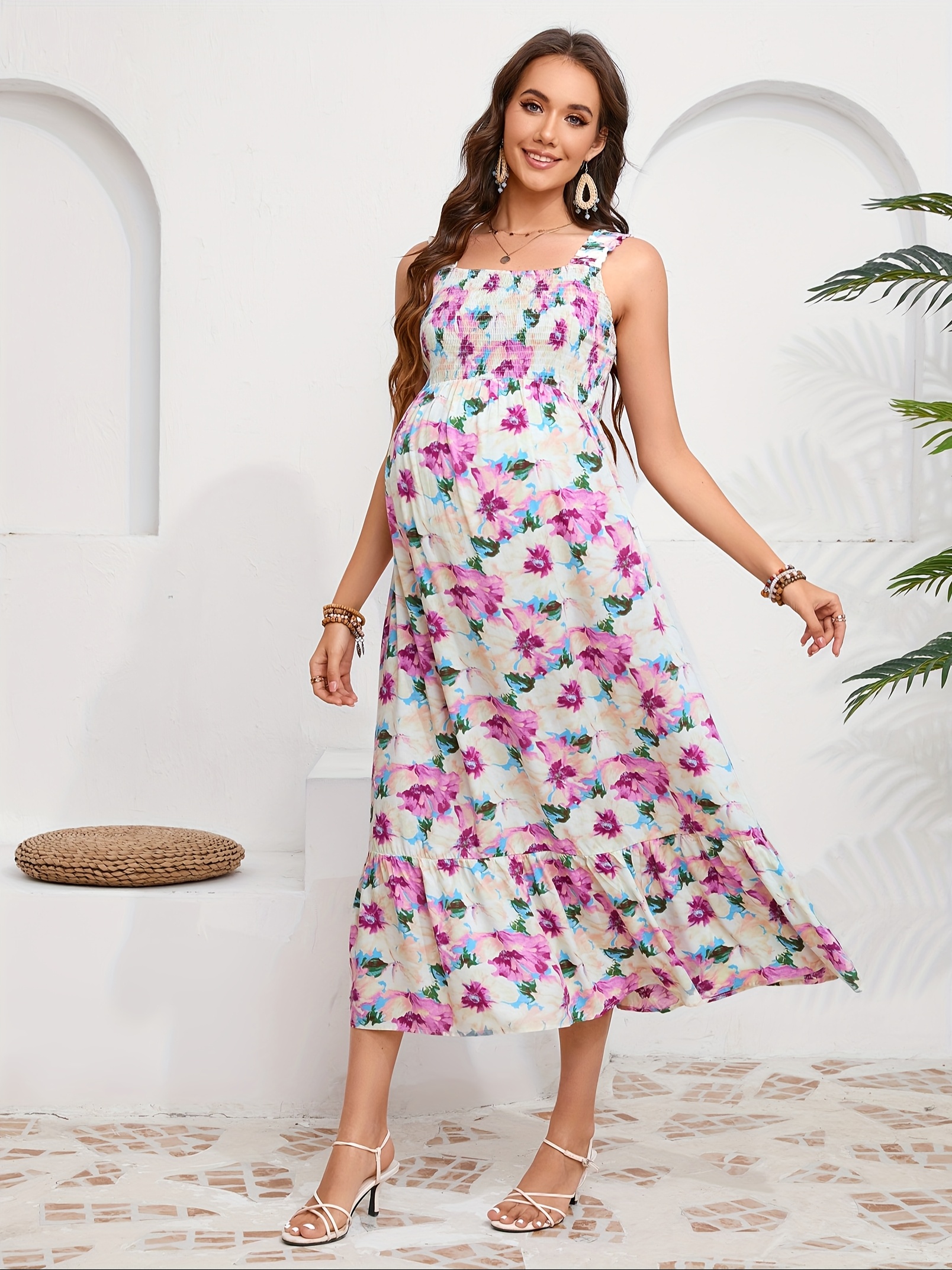 womens maternity dress boho sleeveless spaghetti strap square neck smocked maxi boho dress for photoshoot baby shower
