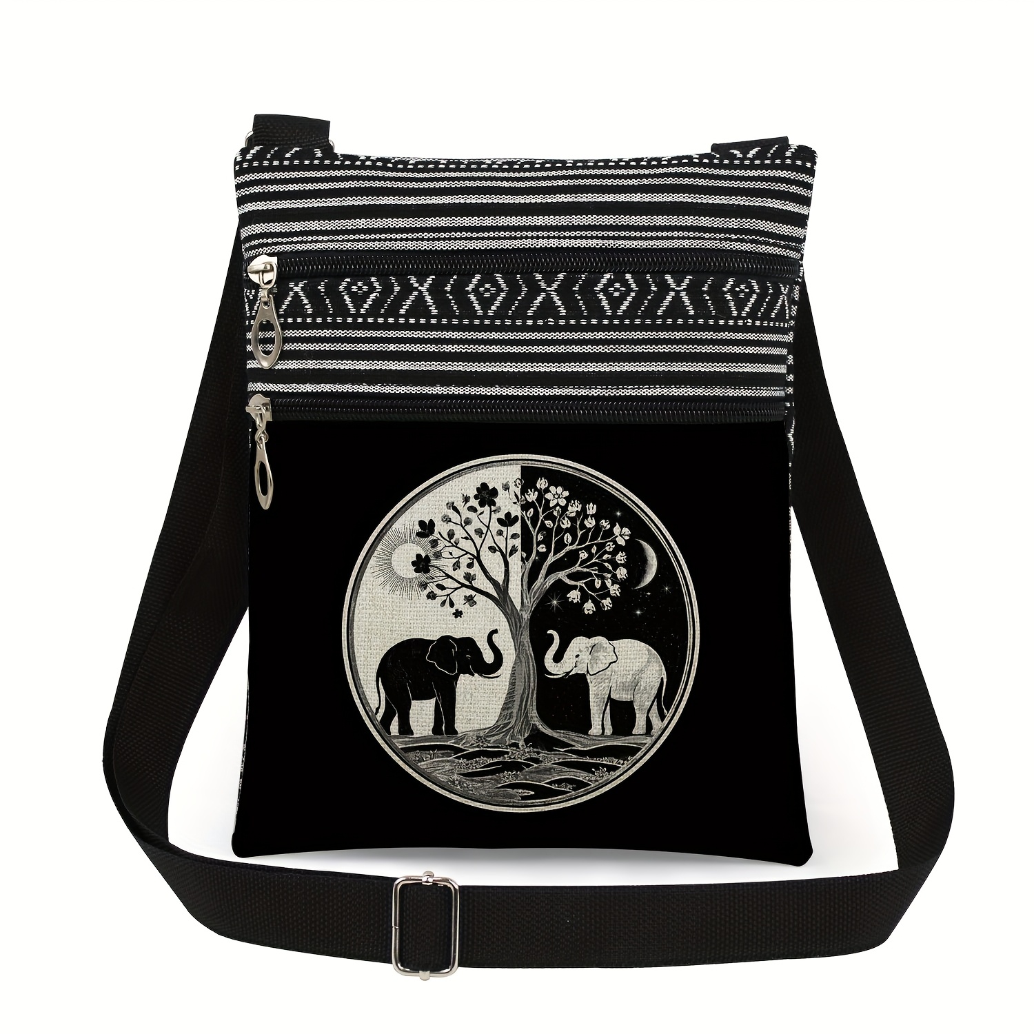Image of Elephant Print Crossbody Bag Classic Vintage Flower Bag Daily Commuting Elephant Lover Shoulder Bag Gift Bag