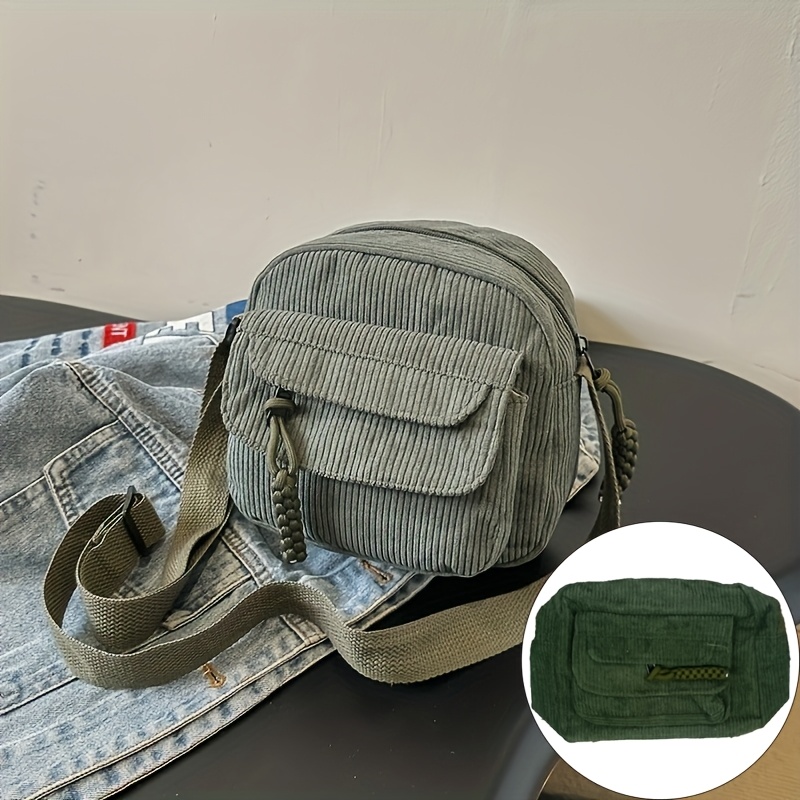 TEMU Retro Harajuku Corduroy Women's Crossbody Bag, Casual Shoulder Handbag, Color , Zipper Closure, Solid Color, Hand Washable - Black, White, Green