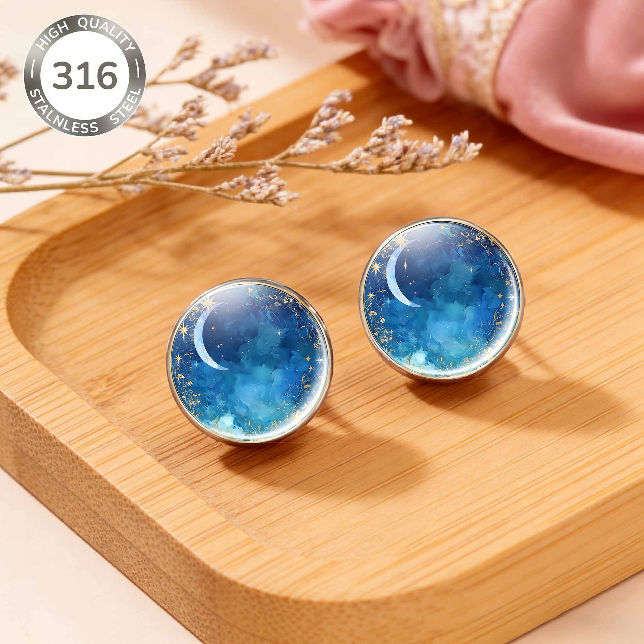 2-Pack Dark Blue Night Sky Round Stud Earrings