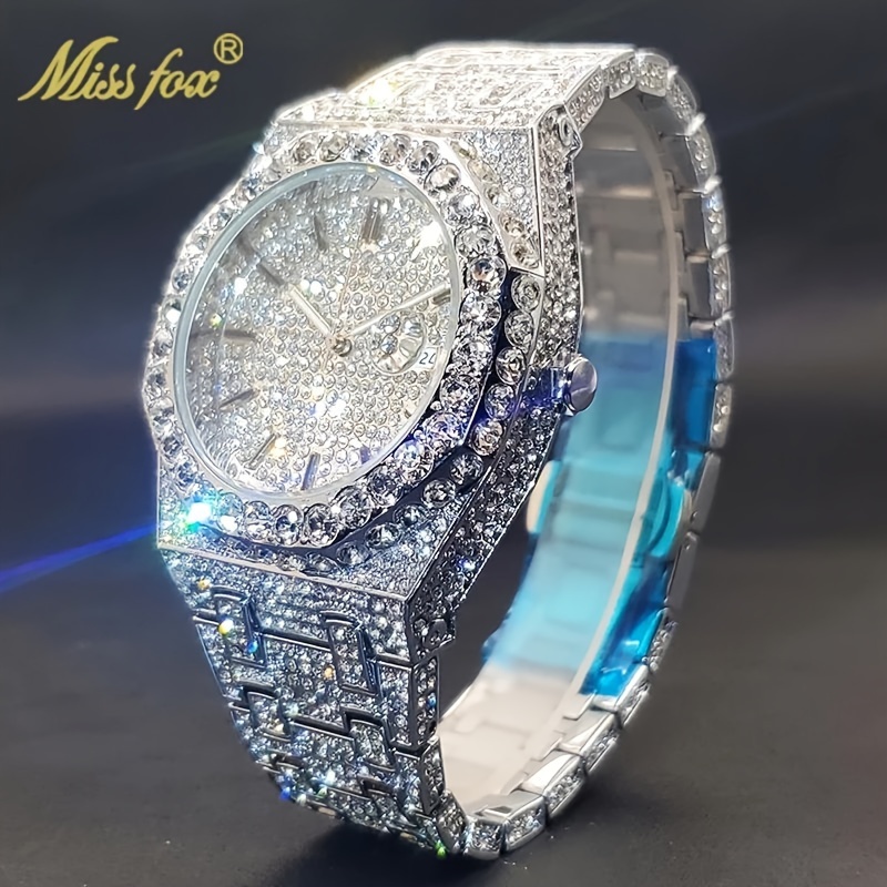 

Men's Luxury Rhinestone Quartz Watch Shiny Hiphop Fashion Analog Date Dial Stainless Steel Wrist Watch