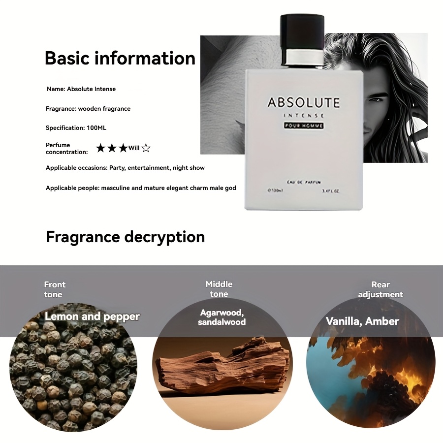New Arrival Absolute Intense Men'S Perfume 100ml Eau De Toilette High Quality Men'S Perfume Long-lasting Light Fragrance Ebony Agarwood Woody Fragrance Cologne Holiday Daily Gift
