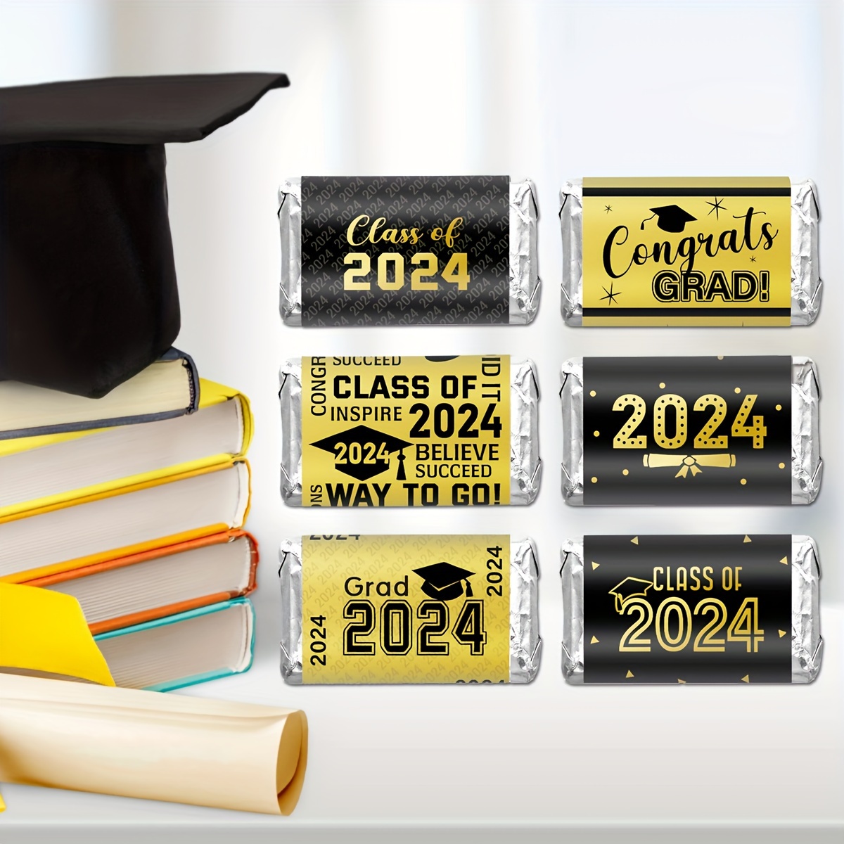 

Class Of 2024 Graduation Mini Candy Bar Wrappers - 30 Count Self-adhesive Stickers For Chocolate Stick Labels, Personalized Tags For Party Favors, Decoration, Gold & Black - Fits Hershey's Nuggets
