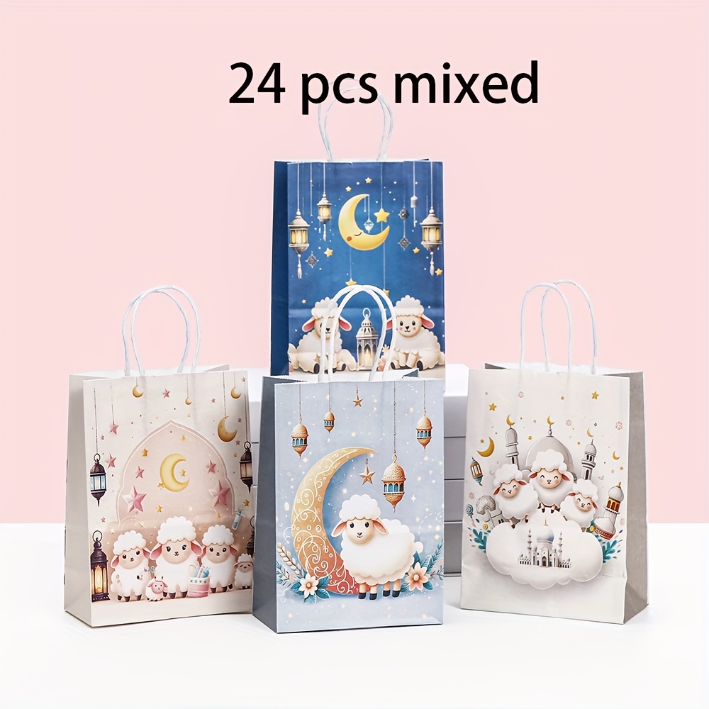24pcs Eid Mubarak Party Decorations - Whimsical Sheep & Lantern Design, Paper Gift Bags With Handles For , Birthday Themes, And