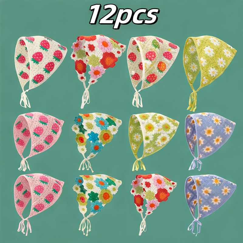 TEMU 12pcs Handmade Crochet Hair Accessories Set, Random Colors, Assorted Floral Pattern Head Wraps/bands, Vintage Style, Perfect For Updos,