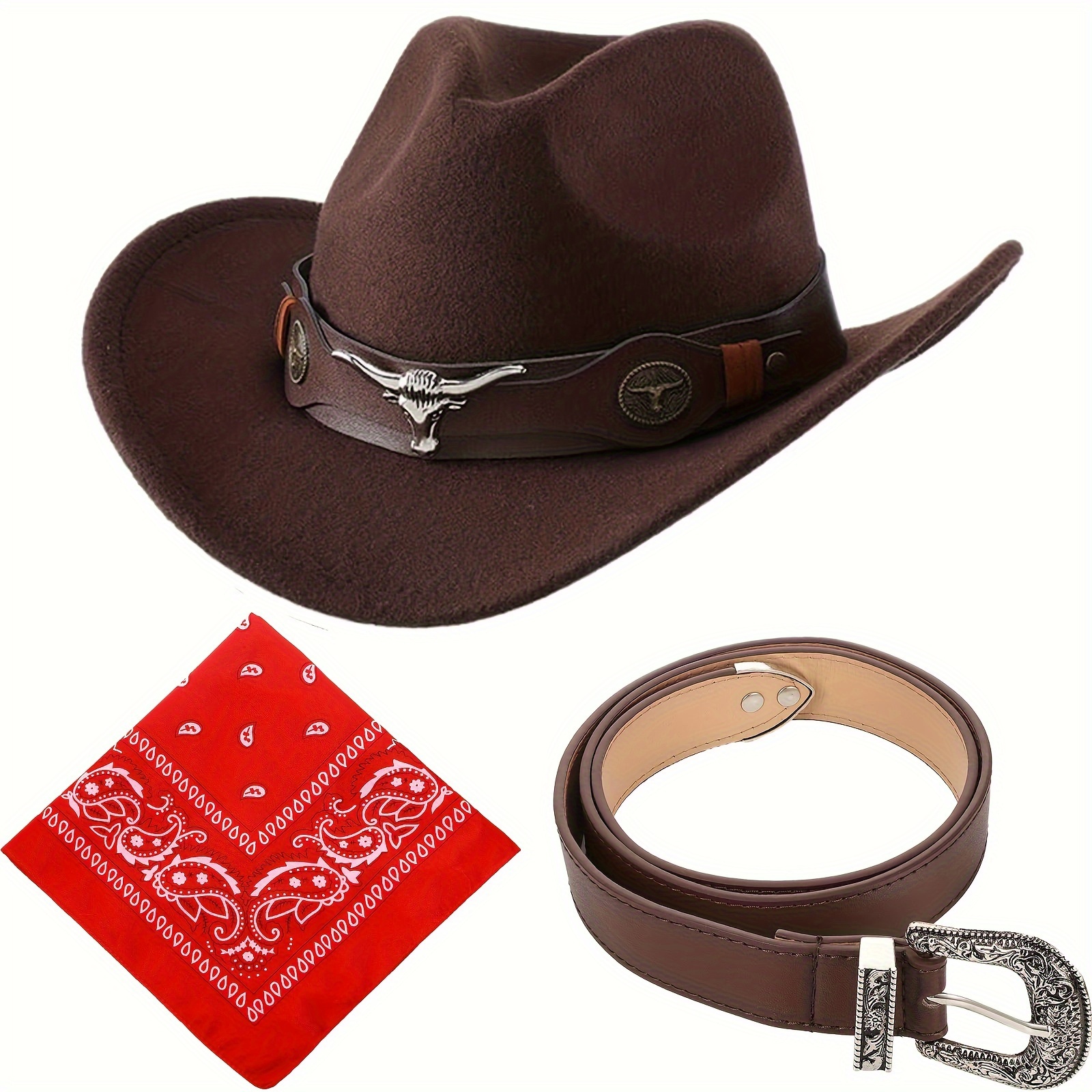 4 Pcs Western Outfits for Men Cowboy Tassel Vest Hat Belt Buckle Paisley  Bandana for Halloween Cosplay