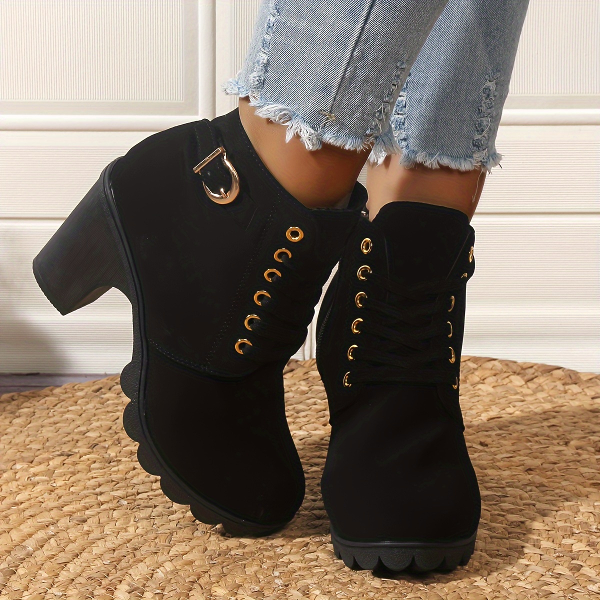 

Women's Solid Color Block Heeled Boots, Fashion Lace Up Side Zipper Boots, Stylish Ankle Boots