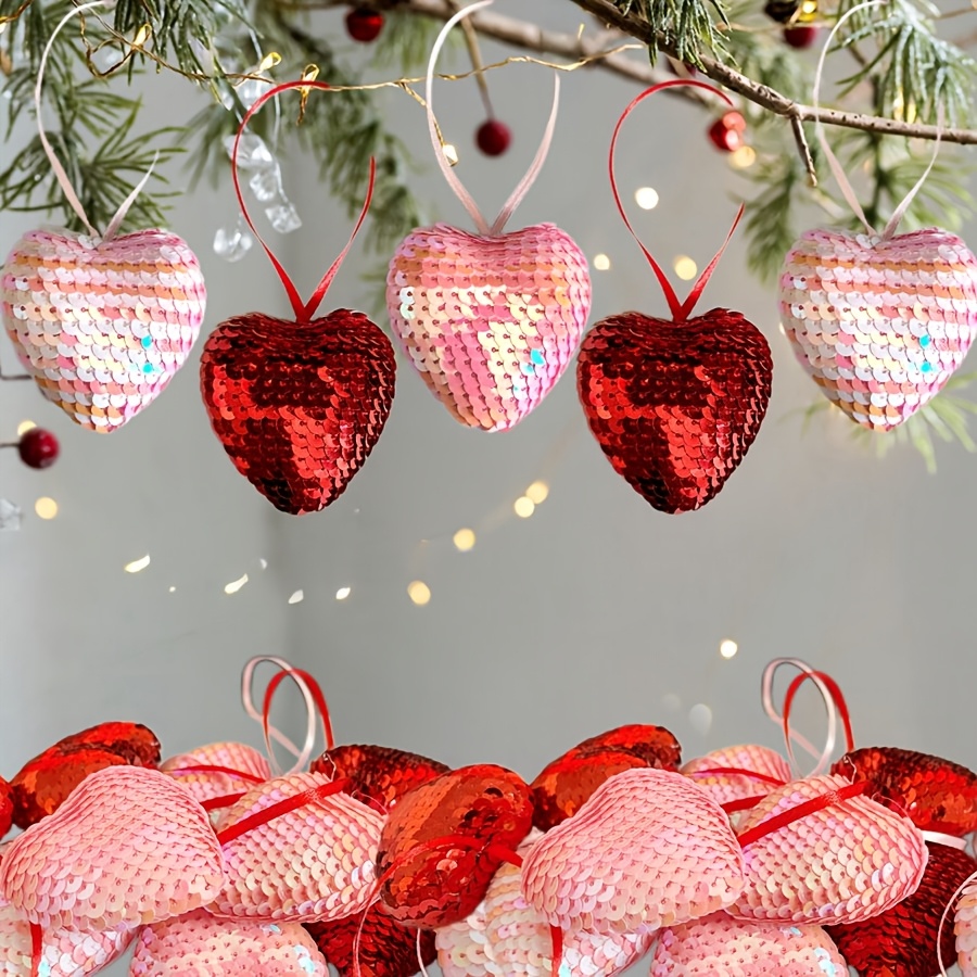 

Valentine's Day Foam Heart Sequin Ornaments, 8pcs Pink And Hanging Decorations For Christmas Tree, Party Home Decor Accessories