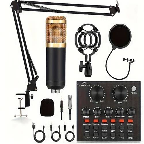 podcast equipment bundle bm 800 podcast microphone bundle with v8 sound card condenser studio microphonefor laptop computer vlog living broadcast live streaming