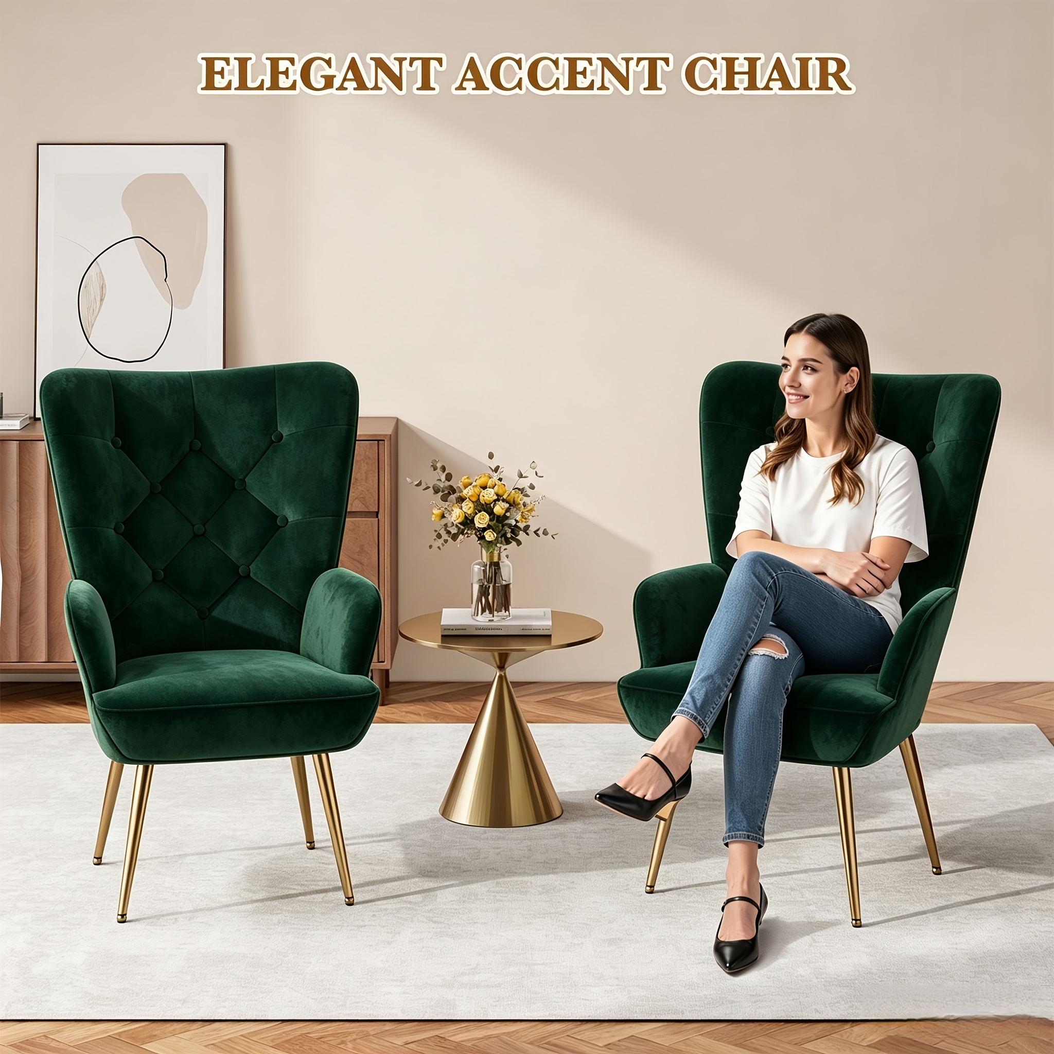 Image of 2pcs Set Mid Century Chair, Velvet Accent Chair, Tufted Button High Back Reading Chair, Upholstered Wingback Armchair With Metal Legs, High Chair For Living Room Bedroom