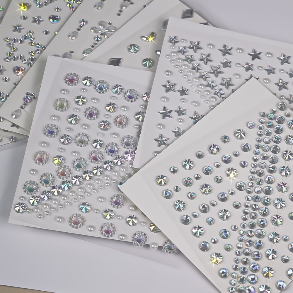 E-shop 6er-Set Festivalschmucksteine für das Gesicht – Funkelnde silbrige Strass-Aufkleber mit Stern-, Mond- & Herz-Designs, selbstklebende