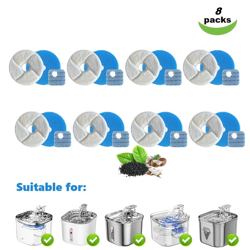 Image of 4/8 Packs Automatic Cat Water Fountain Replacement Filters With Pre-filter Sponge & Activated Carbon - Round For Water, Compatible With Indoor Cat Fountain Dispensers, Cat Water Fountain Filter
