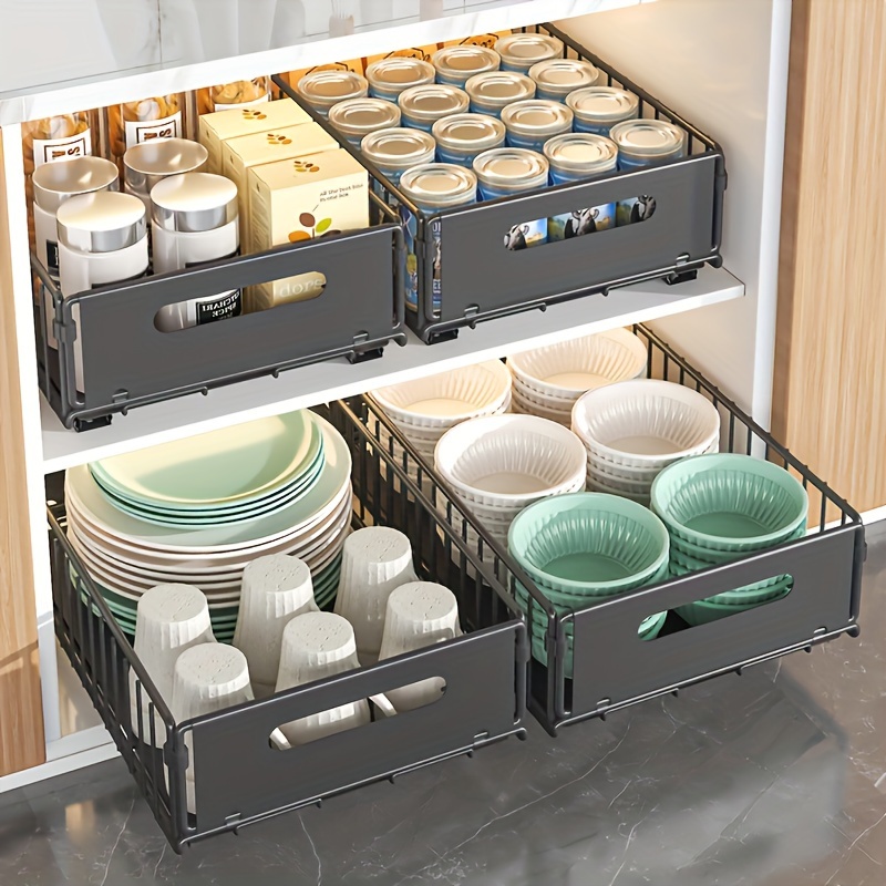 Double Layer outlet Sliding Storage Box, Large Capacity Storage Rack Kitchen Organizer