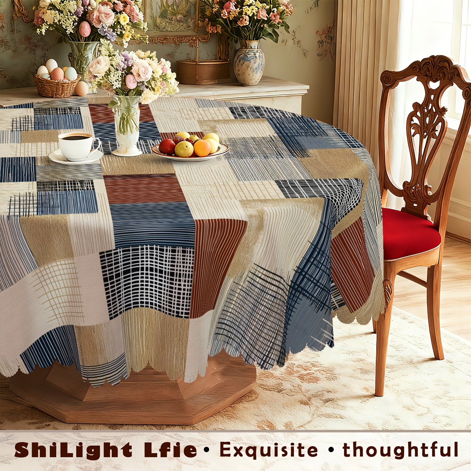 TEMU 1pc, Vintage Fabric Tablecloth, Checkered Lines And Color , Rectangle, Round And Oval, Item, Modern And Decoration, Suitable For Kitchen, Living