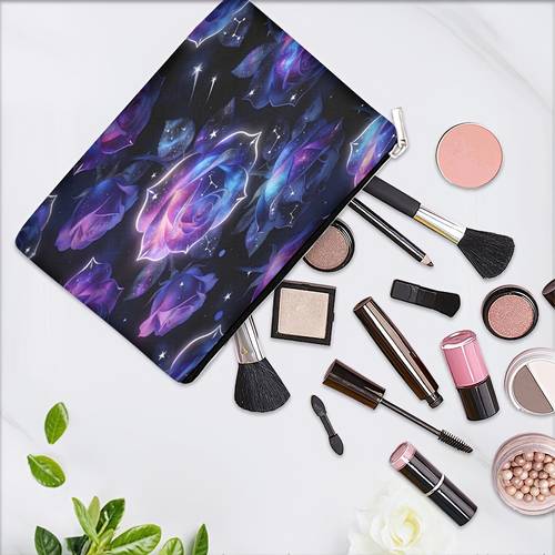 . tragbare kosmetiktasche mit reißverschluss, bedruckt mit lila galaxie-rosenmuster, make-up-organizer, reise-aufbewahrungsbeutel