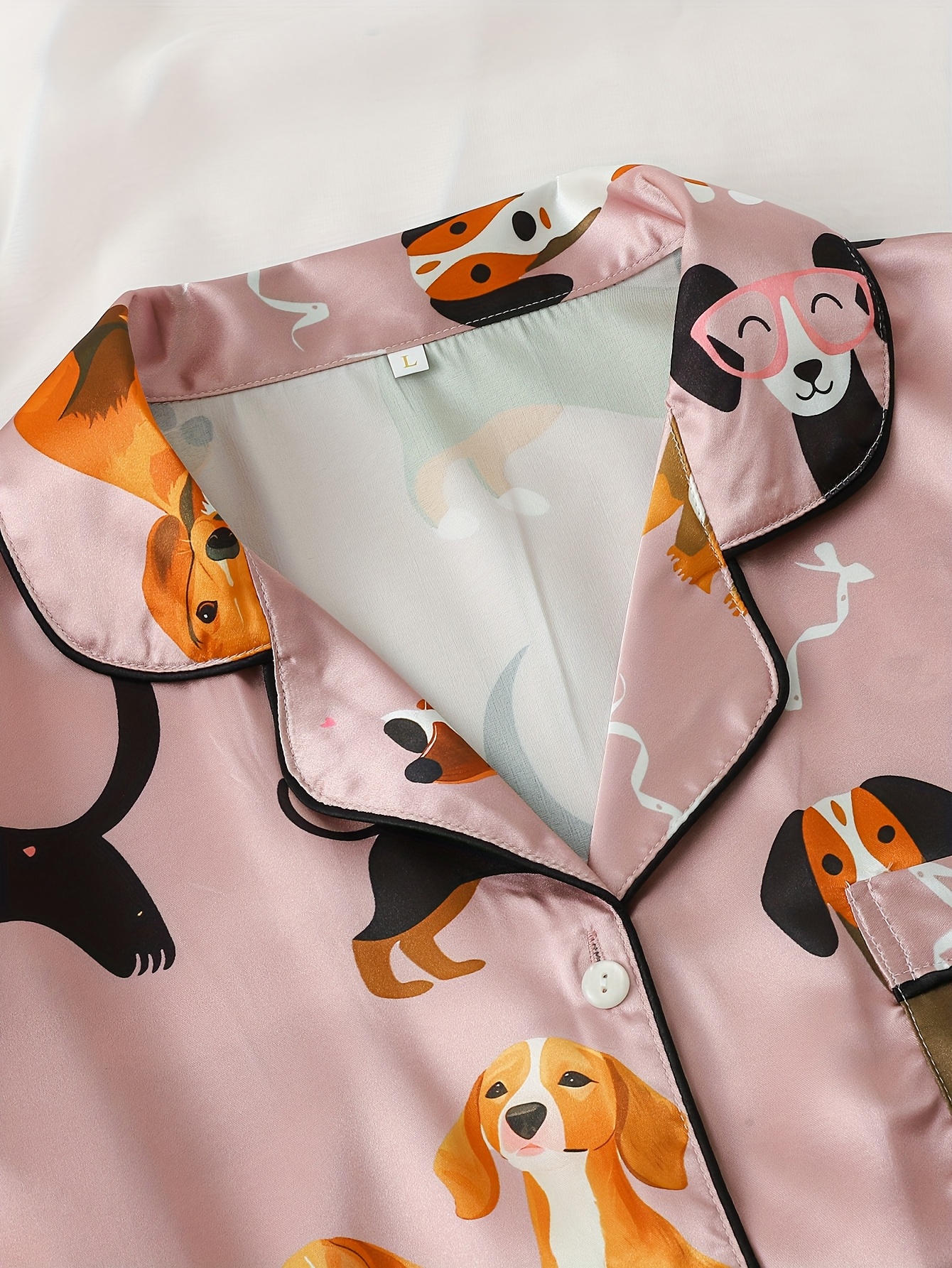 ladies two piece satin pajamas set in   paste color with a small dog pattern ladies two piece short sleeved stand up collar top   with shorts ladies pajamas for   two piece womens set Product details 2