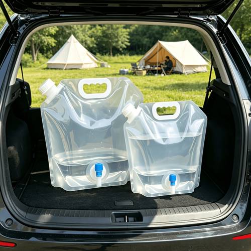 große, transparente, faltbare wasserflasche – mit verstärkten griffen und wasserhahn für einfaches tragen. hergestellt aus strapazierfähigem pe-material, ideal für camping, wandern und notfall-wasserlagerung. muss für radtouren