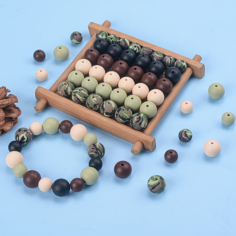 40pcs fashion decorative silicone 12mm 15mm   green camouflage printing 12mm 15mm solid color round beads multi color mixed random set for handmade keychains beaded pens jewelry bracelets necklaces