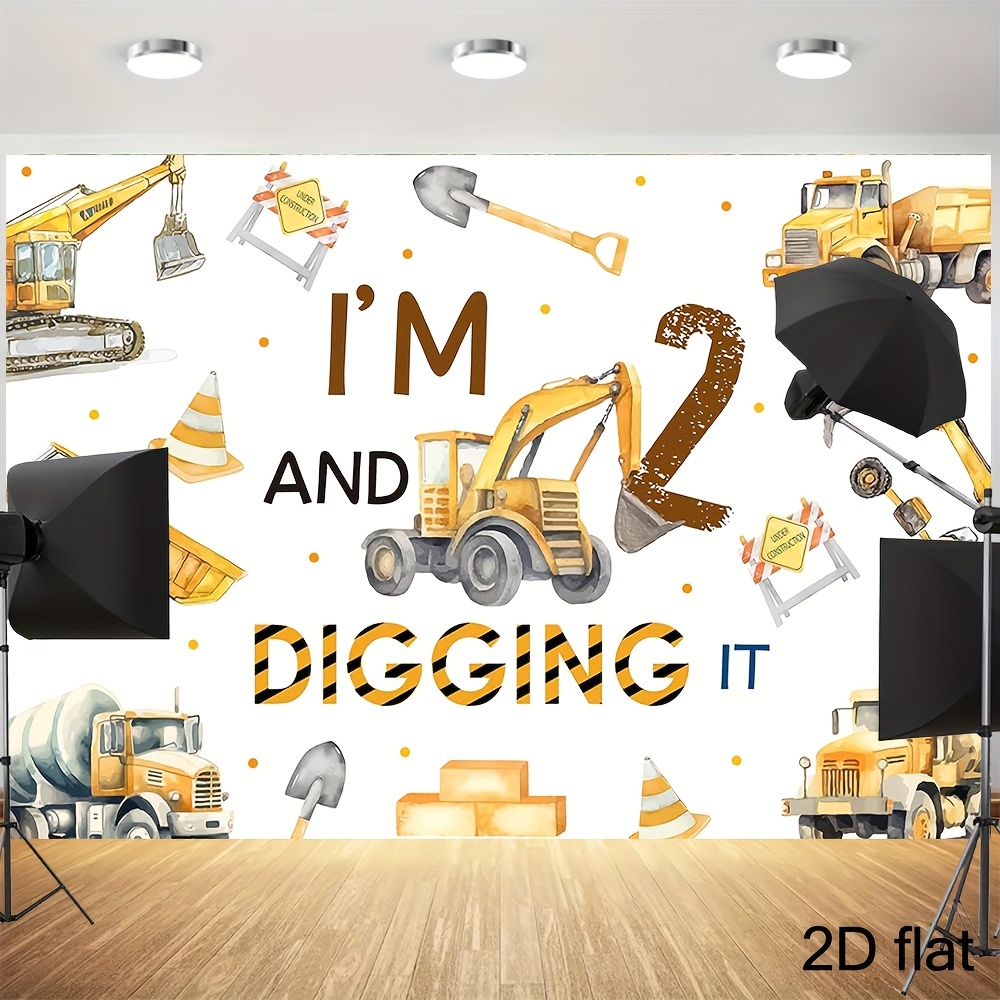 TEMU 2d Flat, 2d Flat - 2d Flat, 2d Flat - 2d Flat Banner 1pc, 2d Plane, 1pc Second Birthday Background Cloth - \"i Am, \" Excavator And Dump Truck