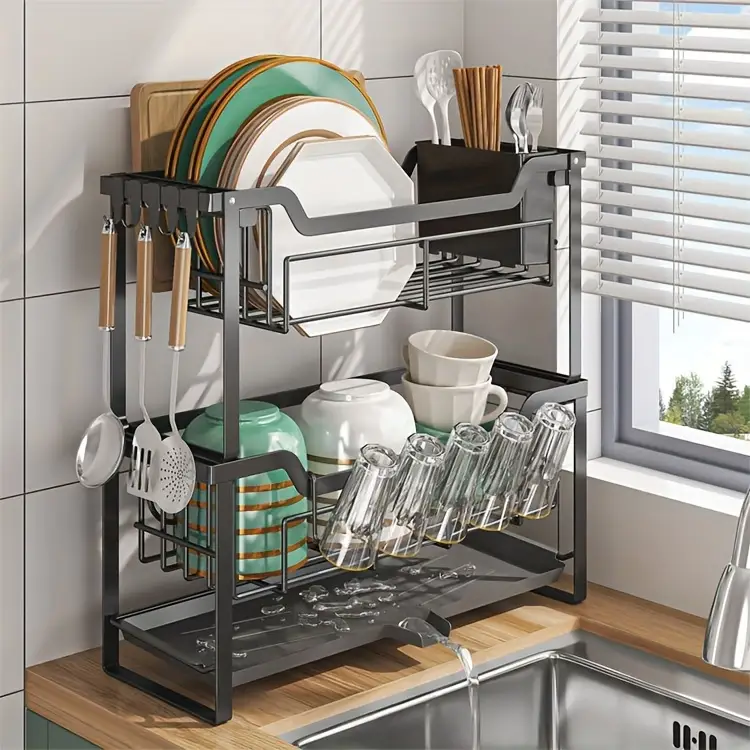 1pc multifunctional convenient durable kitchen counter top sink bowl rack removable 2 tier bowl rack drain board with double layer bowl cup rack drain board board rack utensil rack Product details 0
