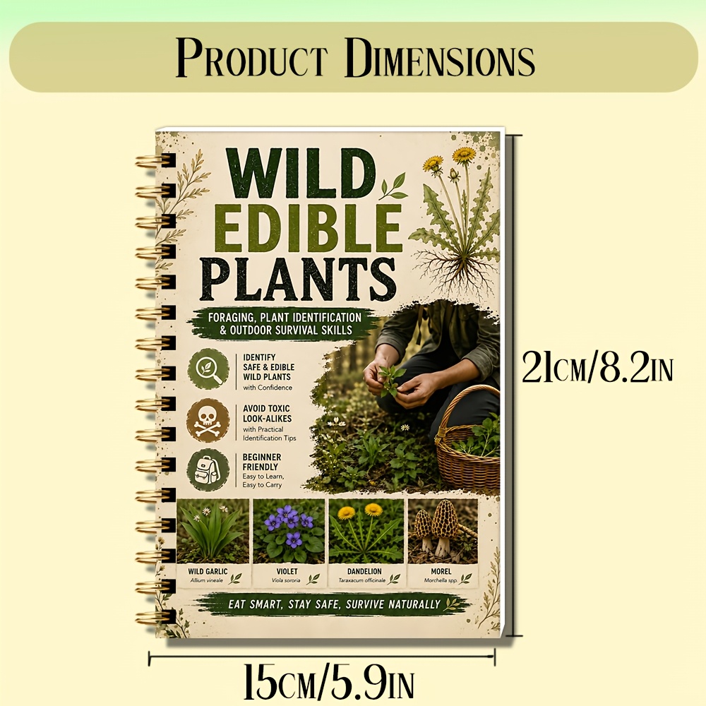 TEMU Guide de pour Débutants, Carnet de Terrain à Anneaux avec 100+ Plantes Comestibles, Identifiez Sûres et Évitez Toxiques avec des Images Claires,